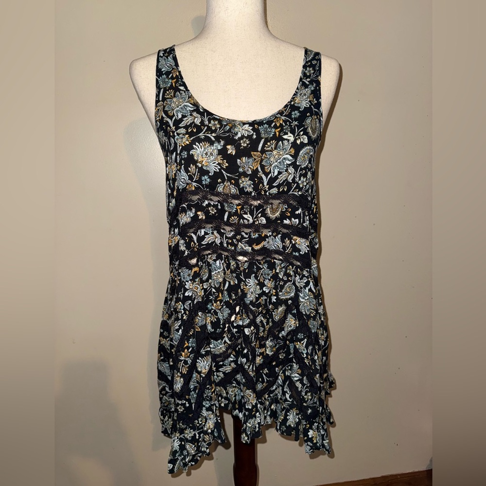 We The Free Black and Blue Chemise with Floral Design